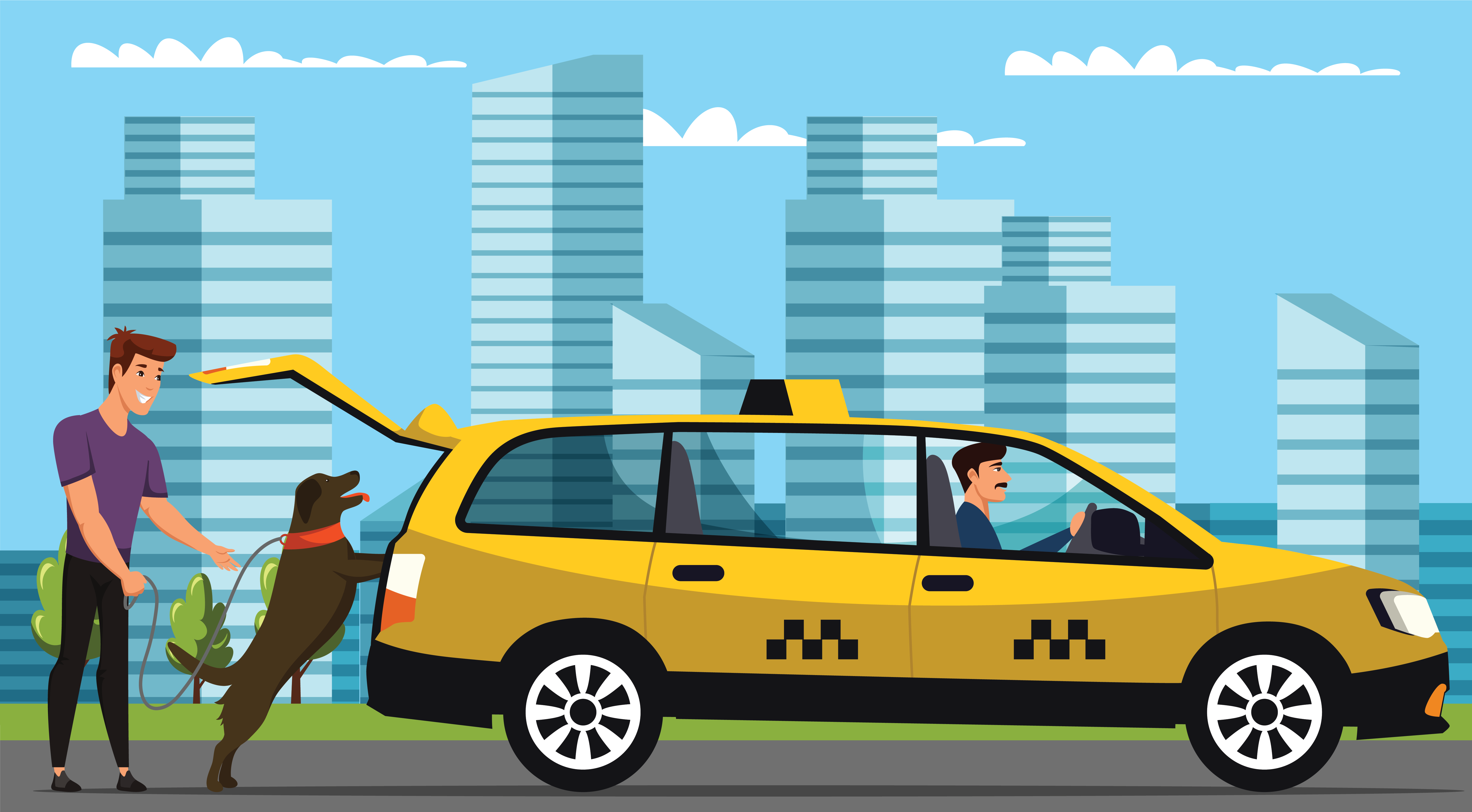 A yellow taxi drives through a city street with a driver inside.