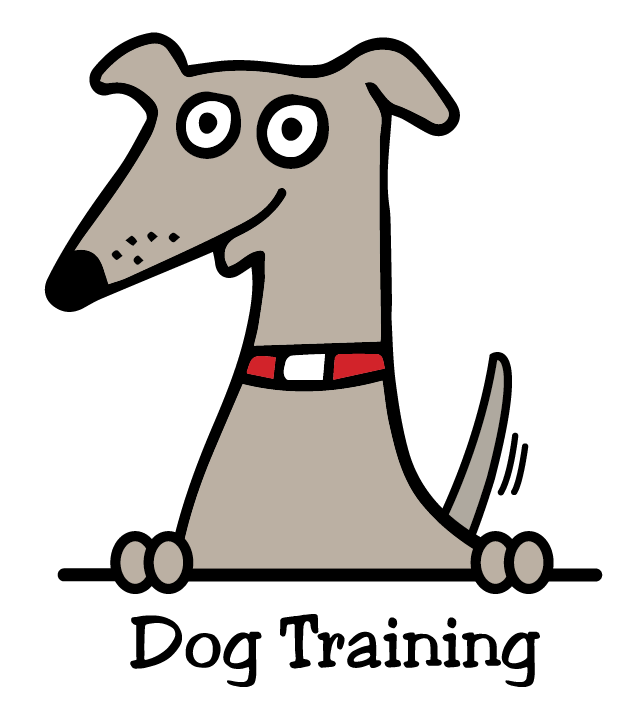 A cartoon gray dog with a red collar sits happily.