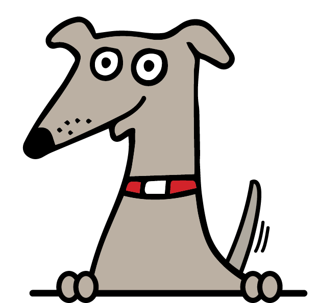 Cartoon dog with a red collar looking curious.