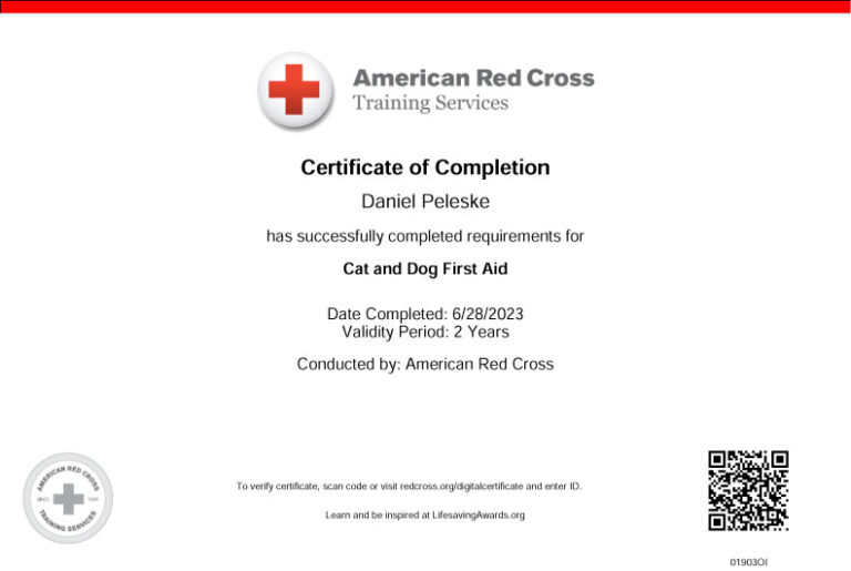 Certificate of completion from American Red Cross for Cat and Dog First Aid.