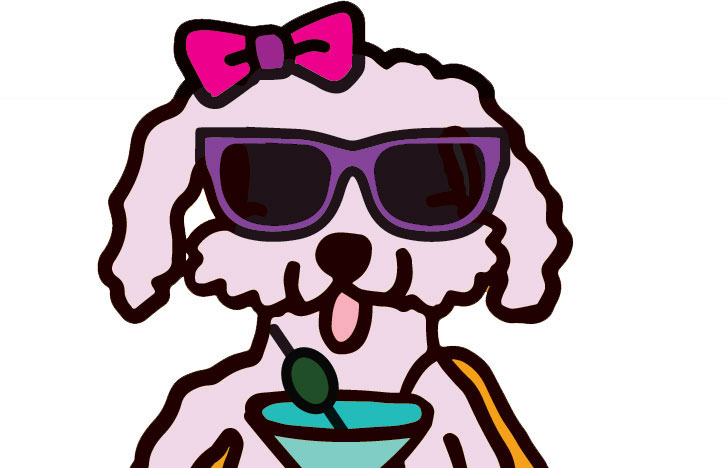 Cartoon dog with sunglasses and a cocktail, wearing a pink bow.